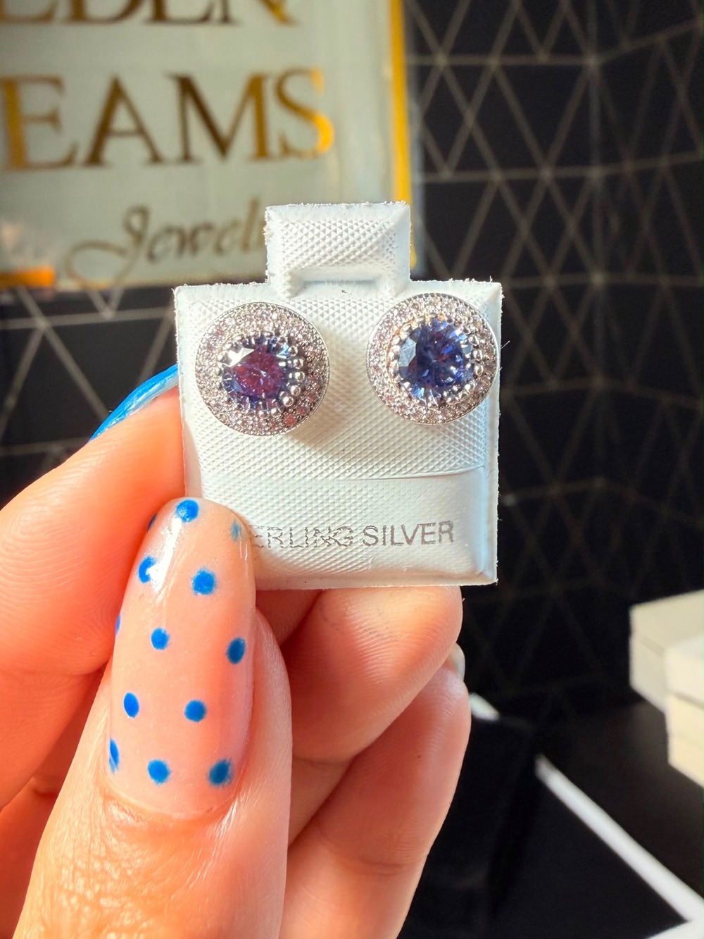 Sterling Silver Halo Stud Earrings with Blue Cubic Zirconia